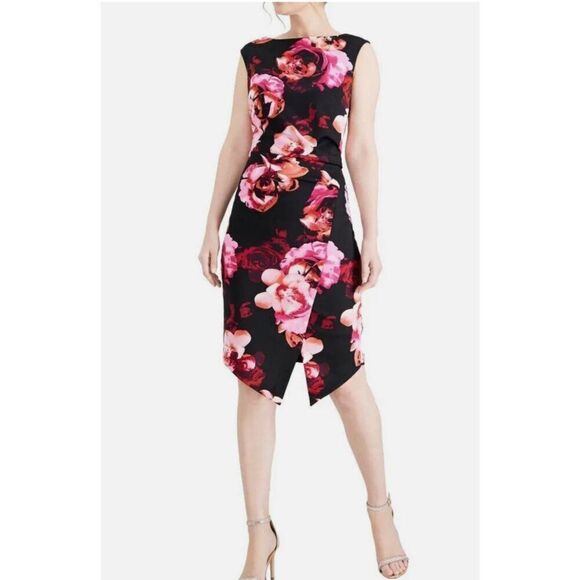 SLNY Women Black Floral Sleeveless Sheath Midi Dress Size 12 NWT - Picture 1 of 10